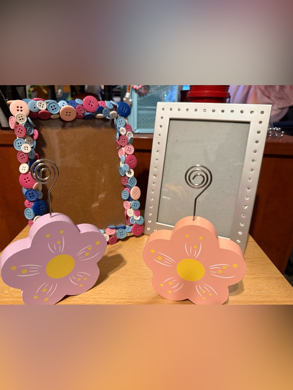 Picture  Frame collection includes Pink/Lavender Flower Photo Holders